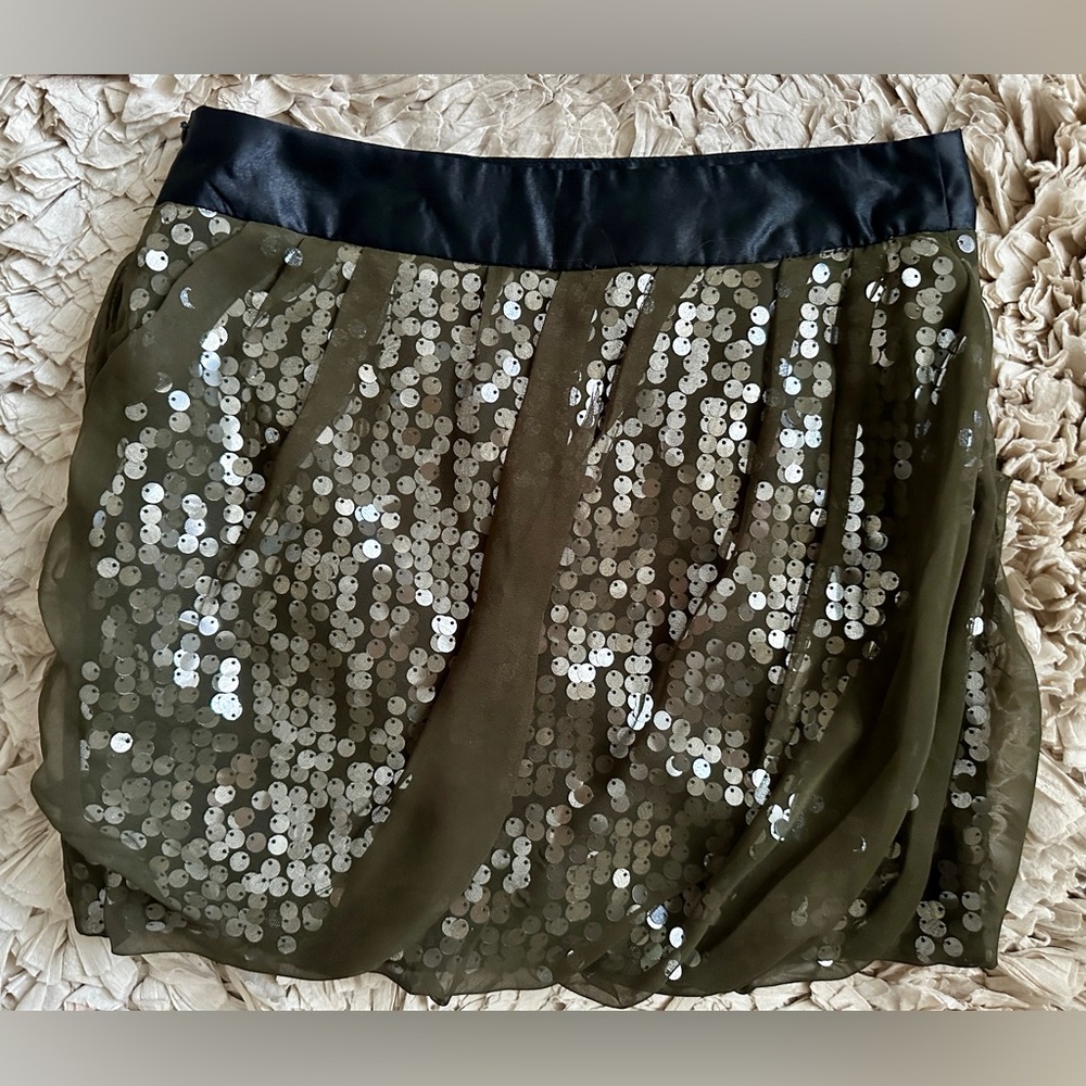 Charlotte Russe Olive Sequin Mini Skirt with Black Waistband